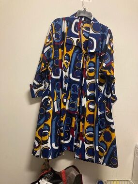 LOOK AT ME/Abstract Circle Print Button-Up Dress in Navy, Mustard & White